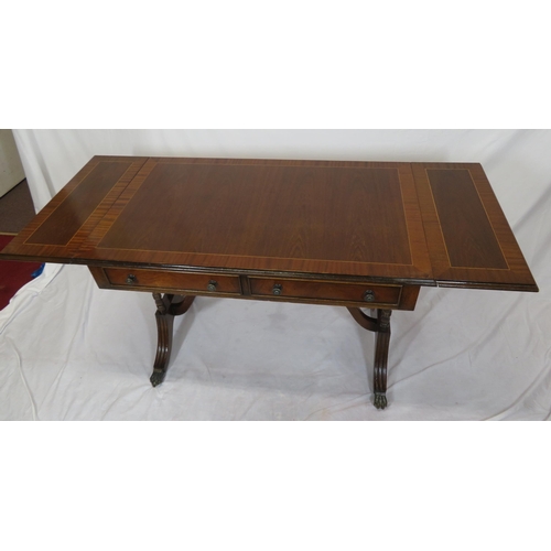 110 - Edwardian style inlaid & crossbanded mahogany sofa table with drop leaves, pull-out supports, frieze... 