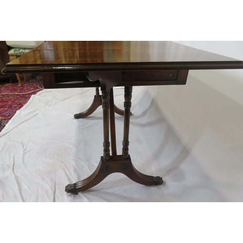 110 - Edwardian style inlaid & crossbanded mahogany sofa table with drop leaves, pull-out supports, frieze... 