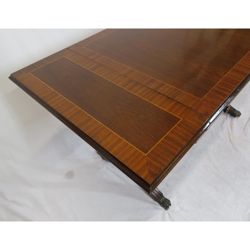 110 - Edwardian style inlaid & crossbanded mahogany sofa table with drop leaves, pull-out supports, frieze... 