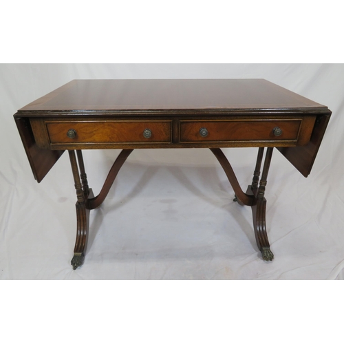 110 - Edwardian style inlaid & crossbanded mahogany sofa table with drop leaves, pull-out supports, frieze... 