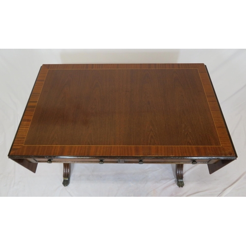 110 - Edwardian style inlaid & crossbanded mahogany sofa table with drop leaves, pull-out supports, frieze... 