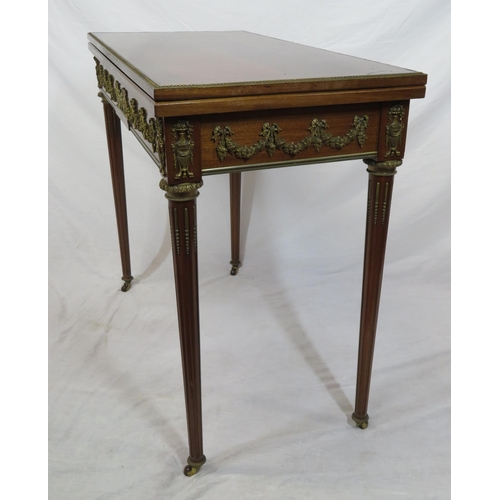 120 - Louis XV style crossbanded mahogany card table with swivel fold-over top, ormolu borders, ornate fol... 