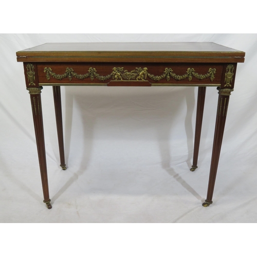 120 - Louis XV style crossbanded mahogany card table with swivel fold-over top, ormolu borders, ornate fol... 