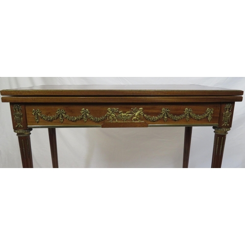 120 - Louis XV style crossbanded mahogany card table with swivel fold-over top, ormolu borders, ornate fol... 