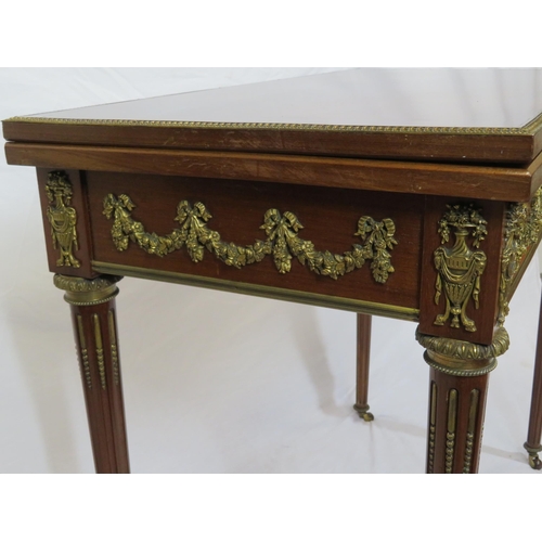 120 - Louis XV style crossbanded mahogany card table with swivel fold-over top, ormolu borders, ornate fol... 