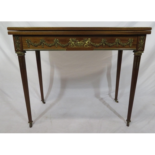 120 - Louis XV style crossbanded mahogany card table with swivel fold-over top, ormolu borders, ornate fol... 