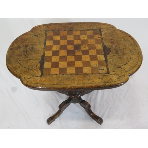 121 - Victorian inlaid & crossbanded walnut games table with chessboard inset, rounded corners, raised on ... 