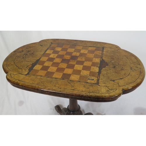 121 - Victorian inlaid & crossbanded walnut games table with chessboard inset, rounded corners, raised on ... 