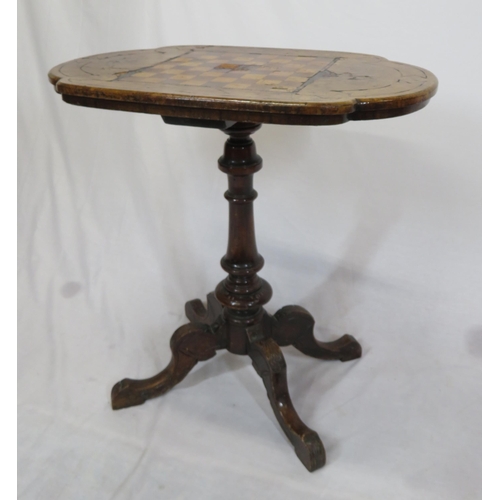 121 - Victorian inlaid & crossbanded walnut games table with chessboard inset, rounded corners, raised on ... 