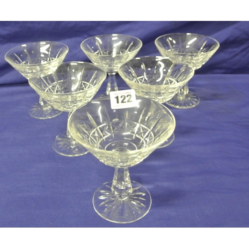 122 - Set of six Waterford Crystal champagne or sundae glasses with 'X' decoration, hexagonal stems & roun... 