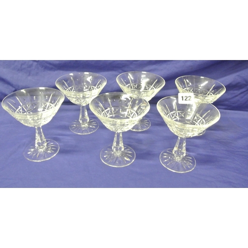 122 - Set of six Waterford Crystal champagne or sundae glasses with 'X' decoration, hexagonal stems & roun... 