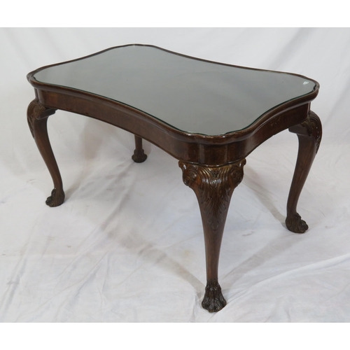 131 - William IV style coffee or occasional table with shaped borders, glass inset, raised on scroll carve... 