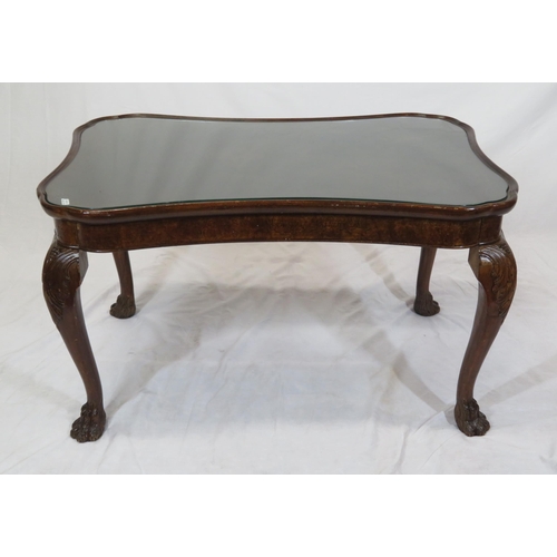 131 - William IV style coffee or occasional table with shaped borders, glass inset, raised on scroll carve... 