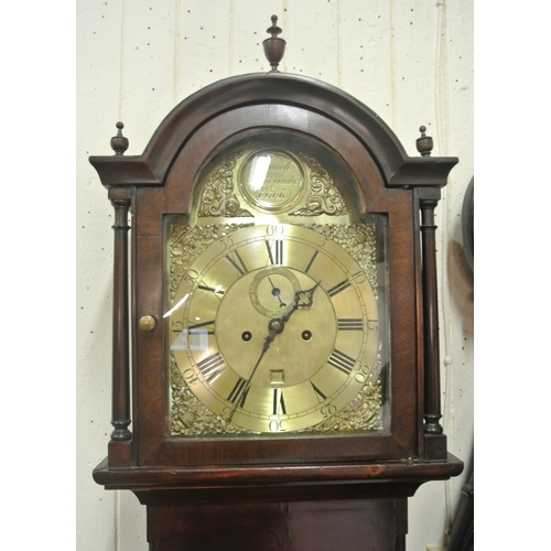 135 - Georgian mahogany longcase clock with domed top, vase finials, domed brass dial with ormolu mounts, ... 