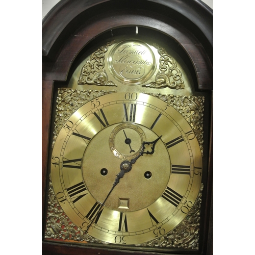 135 - Georgian mahogany longcase clock with domed top, vase finials, domed brass dial with ormolu mounts, ... 