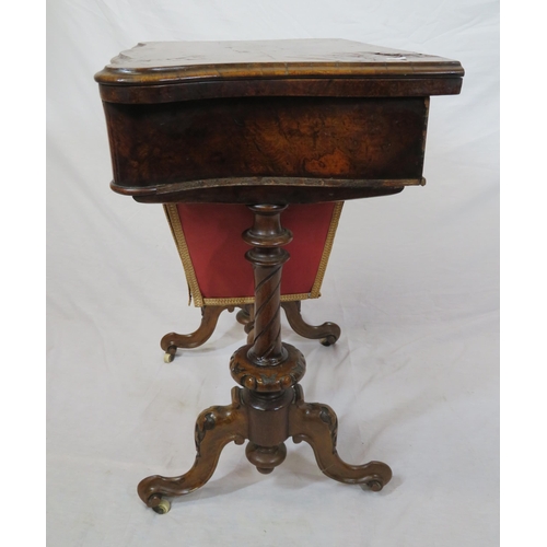 136 - Victorian walnut games table with fold-over top, serpentine borders, chess & backgammon inlaid top, ... 