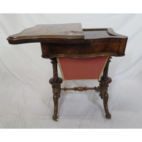 136 - Victorian walnut games table with fold-over top, serpentine borders, chess & backgammon inlaid top, ... 