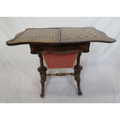 136 - Victorian walnut games table with fold-over top, serpentine borders, chess & backgammon inlaid top, ... 