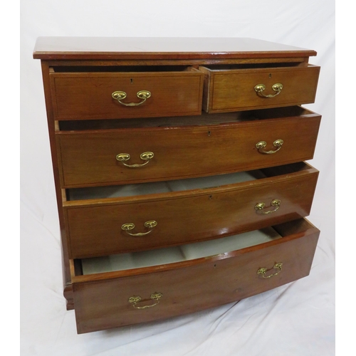 155 - Edwardian inlaid mahogany bow fronted chest of two short & three long drawers with brass drop handle... 