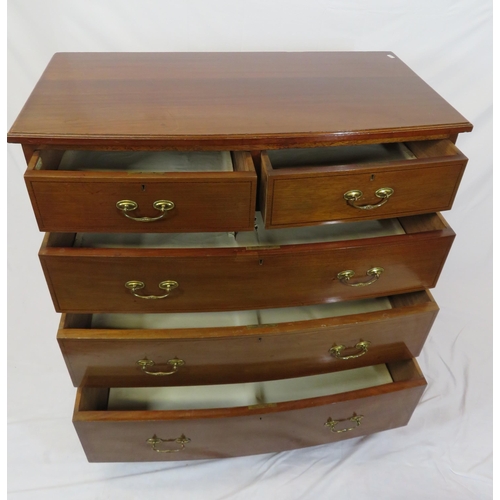 155 - Edwardian inlaid mahogany bow fronted chest of two short & three long drawers with brass drop handle... 