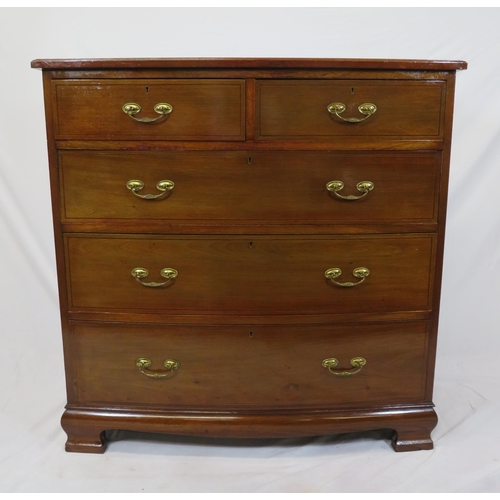 155 - Edwardian inlaid mahogany bow fronted chest of two short & three long drawers with brass drop handle... 