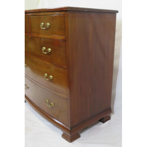 155 - Edwardian inlaid mahogany bow fronted chest of two short & three long drawers with brass drop handle... 