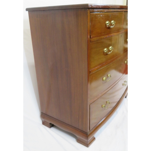 155 - Edwardian inlaid mahogany bow fronted chest of two short & three long drawers with brass drop handle... 