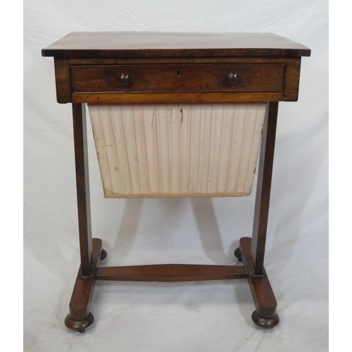 161 - Victorian mahogany work or side table with frieze drawer, bun handles, material drawer under, on tap... 