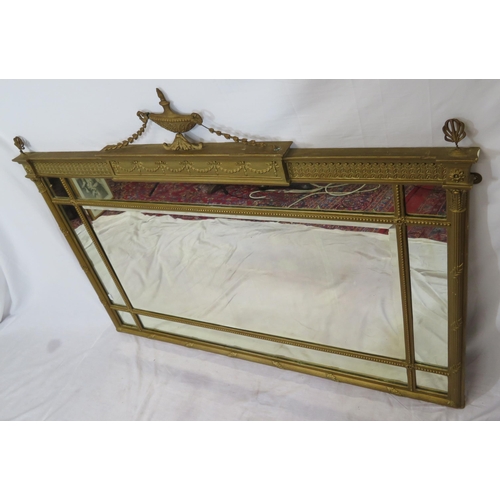 164 - Regency style gilt framed overmantle with mirrored insets, vase shaped finial & beaded decoration & ... 