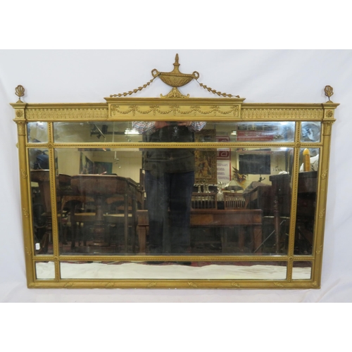 164 - Regency style gilt framed overmantle with mirrored insets, vase shaped finial & beaded decoration & ... 