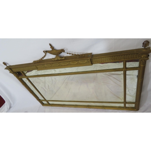 164 - Regency style gilt framed overmantle with mirrored insets, vase shaped finial & beaded decoration & ... 