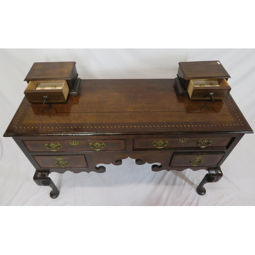 165 - Edwardian inlaid & crossbanded mahogany & oak side table with jewellery drawers, four drawers under ... 