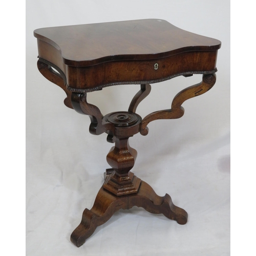 171 - William IV serpentine fronted walnut work or sewing table with fitted interior, reeded border, raise... 