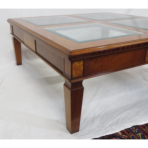 175 - Biedermeier style square occasional or coffee table with glass insets, side panels, square tapering ... 