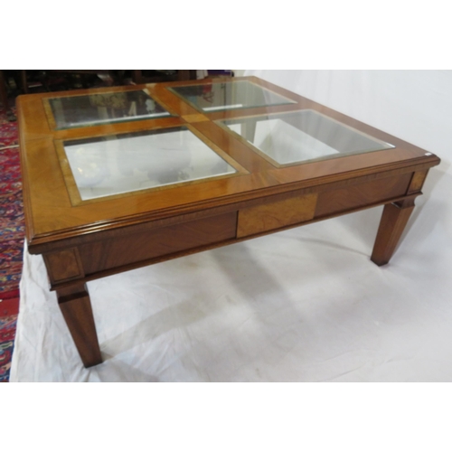 175 - Biedermeier style square occasional or coffee table with glass insets, side panels, square tapering ... 