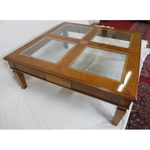 175 - Biedermeier style square occasional or coffee table with glass insets, side panels, square tapering ... 