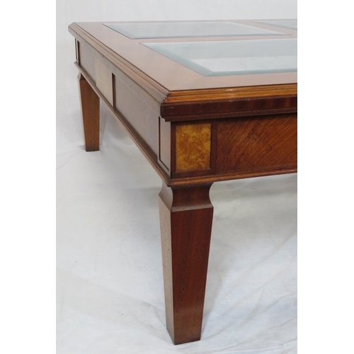 175 - Biedermeier style square occasional or coffee table with glass insets, side panels, square tapering ... 