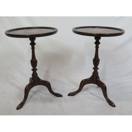 176 - Pair of mahogany round occasional or lamp tables with raised borders, shell inlay, vase turned colum... 