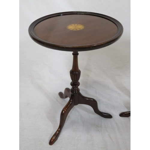 176 - Pair of mahogany round occasional or lamp tables with raised borders, shell inlay, vase turned colum... 