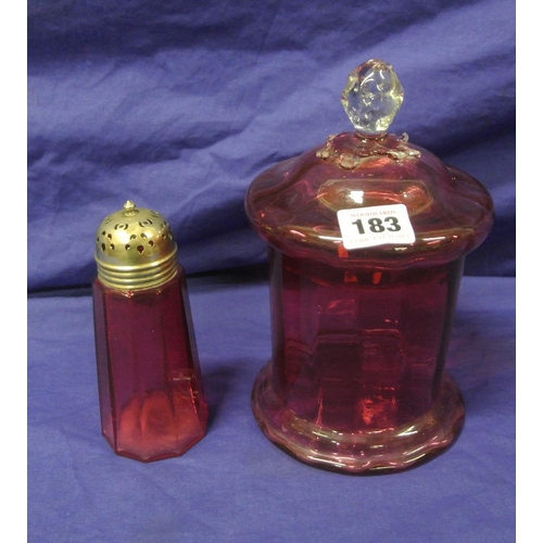 183 - Victorian cranberry glass biscuit or sweet jar with lid, having shaped finial & a matching sugar cas... 