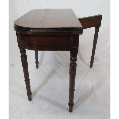 184 - Regency style inlaid mahogany card table with, fold-over top & reeded borders, ebony & string inlay,... 