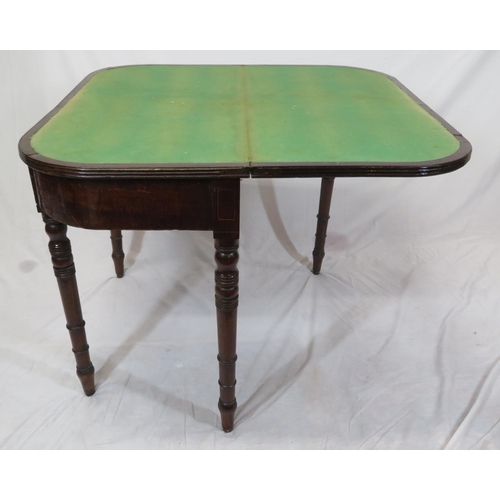 184 - Regency style inlaid mahogany card table with, fold-over top & reeded borders, ebony & string inlay,... 