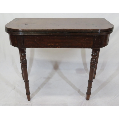 184 - Regency style inlaid mahogany card table with, fold-over top & reeded borders, ebony & string inlay,... 