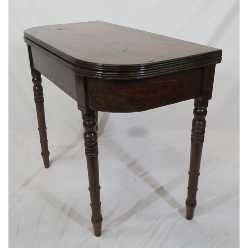 184 - Regency style inlaid mahogany card table with, fold-over top & reeded borders, ebony & string inlay,... 