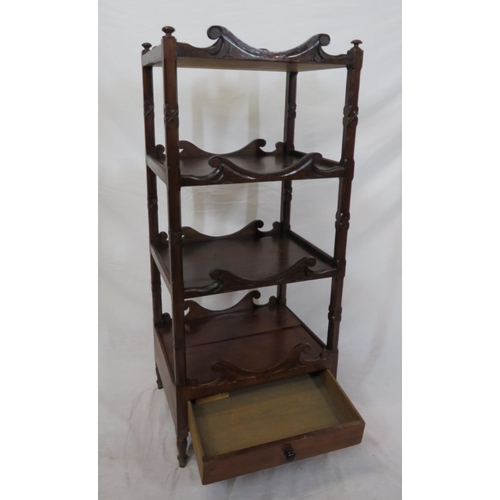 189 - Victorian four tier whatnot with scroll borders, round finials, drawer with bun handle, on turned le... 