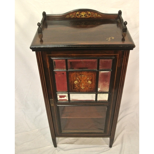 19 - Edwardian inlaid rosewood cabinet with bevelled glass insets, string and foliate inlay, shelved inte... 