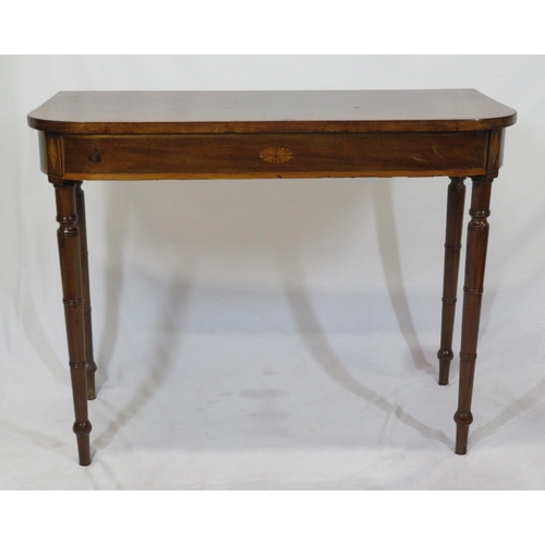 190 - Victorian inlaid mahogany hall or side table with shell inlay, turned tapering legs