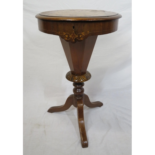 196 - William IV inlaid walnut round sewing or work table with chessboard & foliate inlay, sectioned inter... 