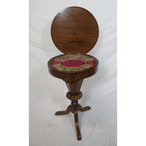 196 - William IV inlaid walnut round sewing or work table with chessboard & foliate inlay, sectioned inter... 