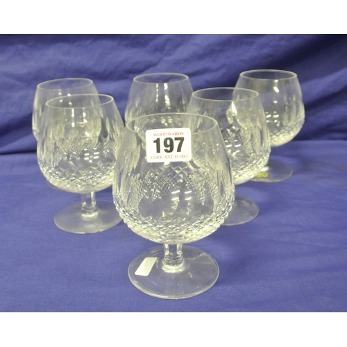 197 - Set of 6 Waterford crystal brandy goblets with strawberry diamonds, hexagonal stems and round bases